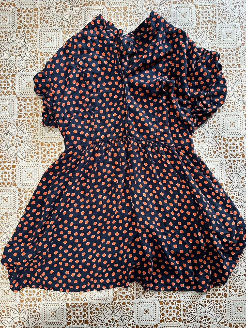 H&M Divided Navy Orange Polka Dot Fit & Flare Mini Dress Size 12